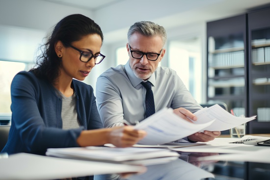 A male and female employee sitting at a desk going through a series of papers