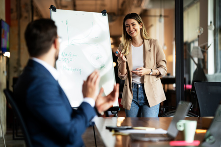 One person presenting to a group from a whiteboard